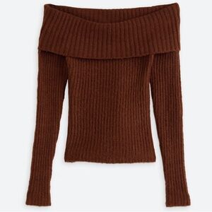 Cosmic Blue Love Off-the-Shoulder Brown Sweater